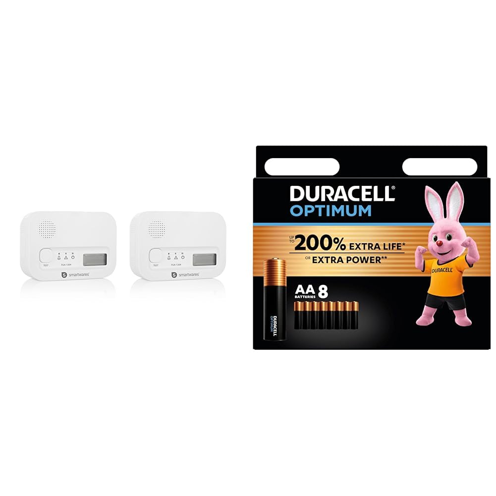 Smartwares FGA-13042 Detector de monóxido de Carbono, Blanco, Lot de 2 détecteurs de CO + Duracell Optimum Pilas AA (Pack de 8) - Pilas Alcalinas 1,5 V - hasta 200% Extra duración o Extra Potencia -
