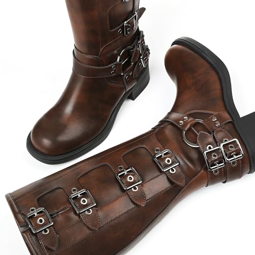 Image of AMINUGAL Knee High Boots Women Square Toe Pull On Wide Calf Riding Fashion Buckles Chunky Metallic Casual Vintage Buckle Rivet