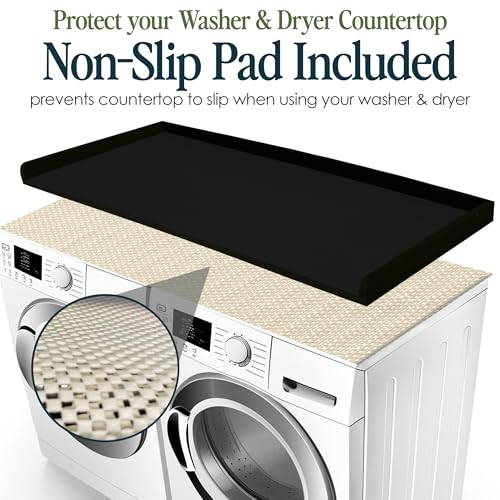 Image of Washer and Dryer Countertop with Non-Slip Mat - 54 inch Width x 27.5 inch Depth (Black) - Wood Shelf Topper with Edge Rails for Laundry Room Organization, Extra Laundry Folding Counterspace