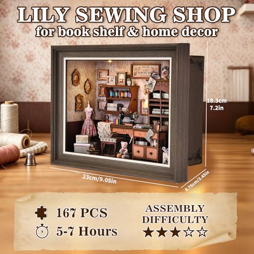 Book Nook Kit - 3D Wooden Puzzle with LED Switch Control & Wall-Mountable Frame,DIY Miniature House for Beginners,Bookshelf/Tabletop/Wall Decor for Craft Lovers,Dollhouse Gift (Lily Sewing Shop) - image 5