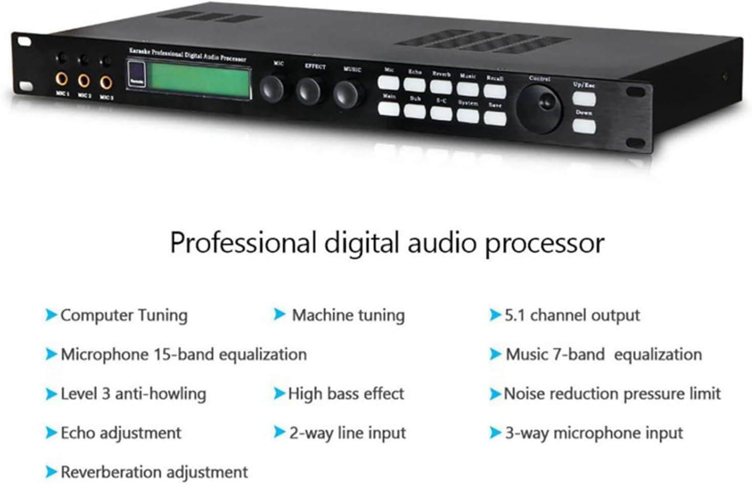 Kanduo Ecualizador estéreo de Audio Reverberador Mezclador Digital, procesador de Audio for micrófono KTV, con Pantalla LCD, efector de Audio DSP de 15 Bandas