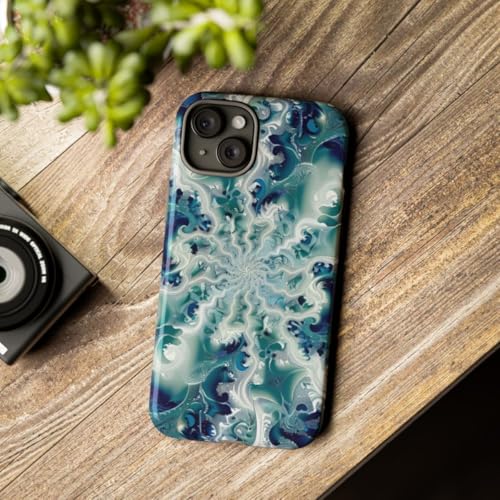 Coque iPhone 15 Plus tourbillon fractal vert et bleu rigide - 3