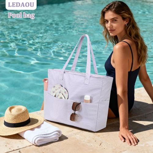 Image of LEDAOU Large Beach Tote Bag Women Waterproof Sandproof Zipper Beach Tote Bag for Pool Gym Grocery Travel with Wet Pocket | Waterproof