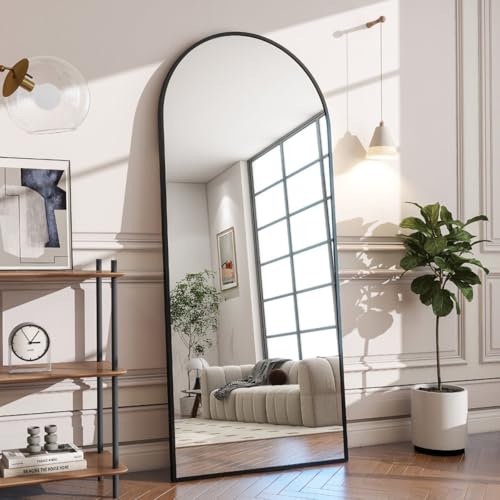 Image of Arch Top Full-Length Mirror | Floor Standing or Wall Mounted | Minimalist Design in Gold, Black & Silver | Oversized Mirror for Bedroom & Entryway (Black, 160x60cm)