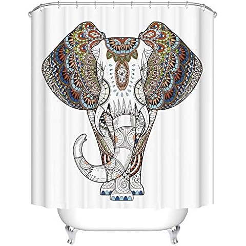 Fangkun Elephant Mandala Shower Curtain - Colored Art Indian Sacred Animal Image - Polyester Bathroom Curtains Decor Set - 12pcs Shower Hooks - 72 x 72 inches Cover