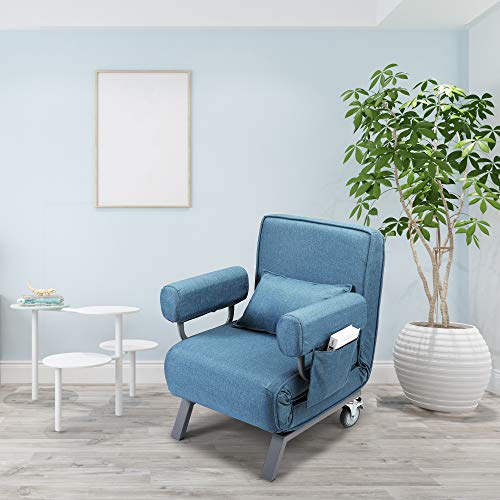 Convertible Sofa Bed Folding Arm Chair Sleeper Leisure Recliner Lounge Couch 6 Positions Adjustable Backrest (Blue) - Thumbnail 6