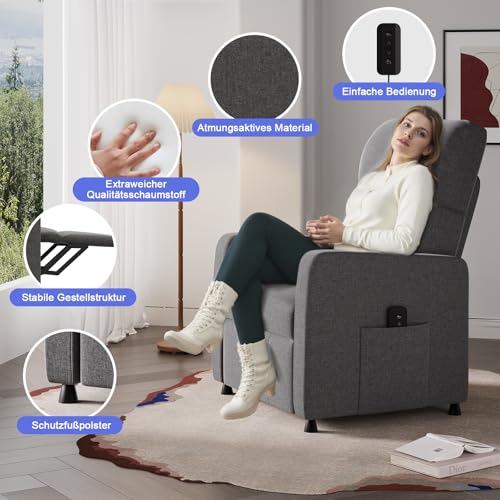 JUMMICO Relaxsessel Fernsehsessel Liegesessel mit Liegefunktion Elektrisch Verstellbarer Einzelliegesessel aus Leinenstoff für Wohnzimmer Schlafzimmer Heimkino (Grau) – Bild 8