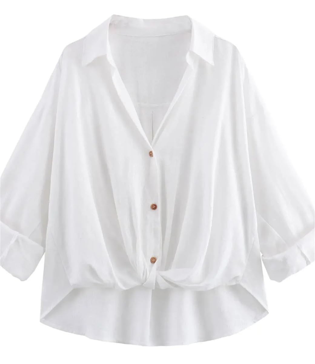 Camicia da donna alla moda in misto lino con nodo retrò maniche risvolto bottone frontale versatile top