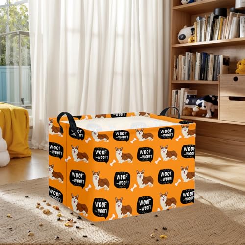 Image of Woof Dog Basket Storage Bin, Orange | For Chew Toys, Pet Supplies Organizer, Pet Organizer, Dog Room Decor