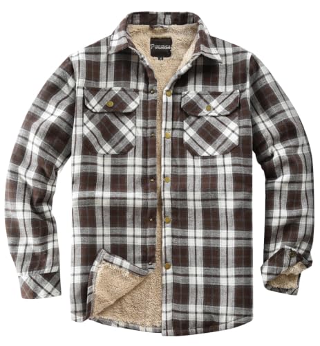 Image of Men's Sherpa Cotton Flannel Shirt Jacket Plaid Button Coat Pocket