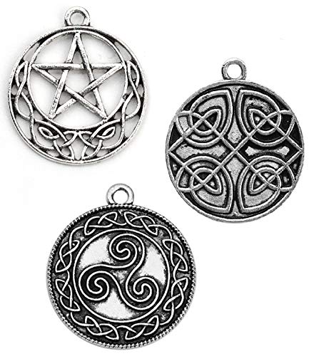 JGFinds Celtic Pendants, Pentagram Knot and Spiral Triskelion, Antiqued Silver Tone Charms, 60 Pack (20 of Each) - Tibetan, Rune Charm, Wiccan, or Celtic Jewelry