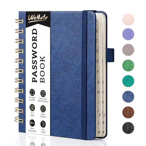 WEMATE Spiral Password Book with Alphabetical Tabs, Small Password Keeper Book for Seniors, Internet Password Notebook Hardcover Password Journal logbook – 12 x 15cm (Navy Blue)