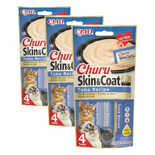 INABA Churu Skin & Coat - Thunfischpüree - Omega 3 & 6 und Taurin - Cremiger Textur - Katzenfutter für Haut & Fell - 4 Tuben x 14g (Packung… – Ansicht 1