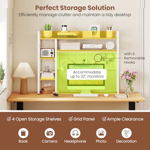 Image of Tangkula Desktop Bookshelf for Computer Monitor Up to 32 inch, Countertop Storage Hutch with 4 Open Storage Shelves, Grid Panel, Anti-tip Device, 4-Tier Desktop Display Shelves for Home Office (Natural)