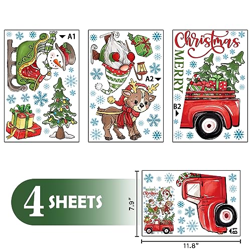 Mfault 158 PCS Merry Christmas Window Clings 4 Sheets, Snowman Gnome Farmhouse Red Truck Xmas Tree Stickers Decal Decorations, Winter Snowflake Deer Sleigh Living Room Home Kitchen Decor Holiday Gift