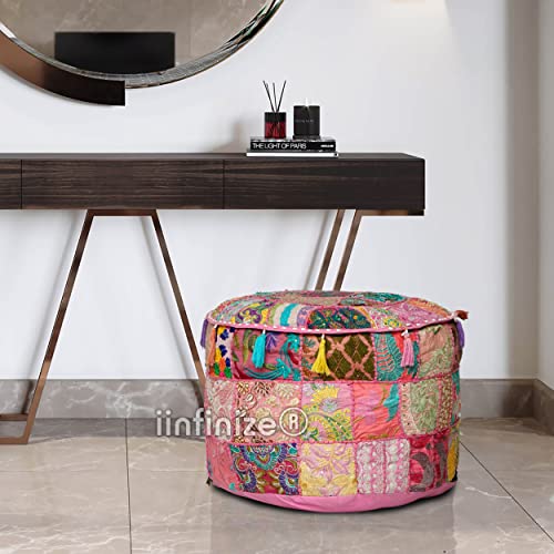 Iinfinize IIN-POUF-05 Ottoman Pouf Cotton Footrest Round Bean Bag Patchwork Pouf Cover Embroidery Table Corner Vintage Floor Pouffe thumb #2