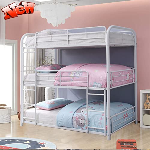 Versión mejorada, cama doble gruesa, cama doble, triple piso, más resistente, acero, cama doble, literas triples con escaleras, fácil montaje (metal, gemelo) (blanco entero)