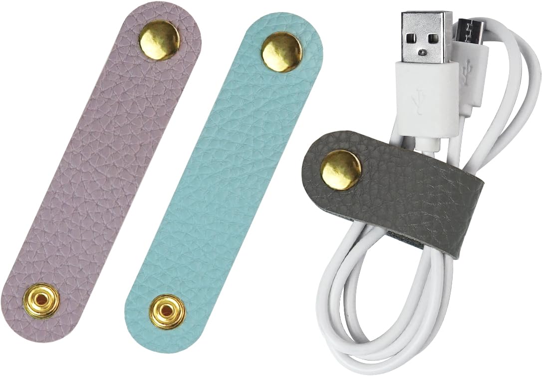 Carrotez Leather Cord Organizer, Cable Organizer for Travel, Cord Keeper, Cable Ties, Cable Straps, Cord Wraps for Charging Cords - 3 pcs (Lavender/Mint/Charcoal)