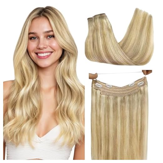 GOO GOO Human Hair Extensions Halo Hair Extensions, Light Blonde Highlighted Golden Blonde 16 Inch 80g Real Hair Extensions Human Hair Flip in Hidden Crown Wire Hair Extensions Invisible Hairpiece
