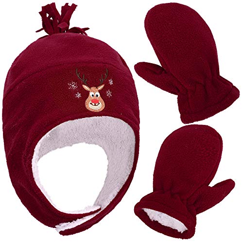 SimpliKids Girls Sherpa Lined Fleece Winter Hat and Mitten Set, Girl Reindeer Red With Thumb, L 5-7 Year