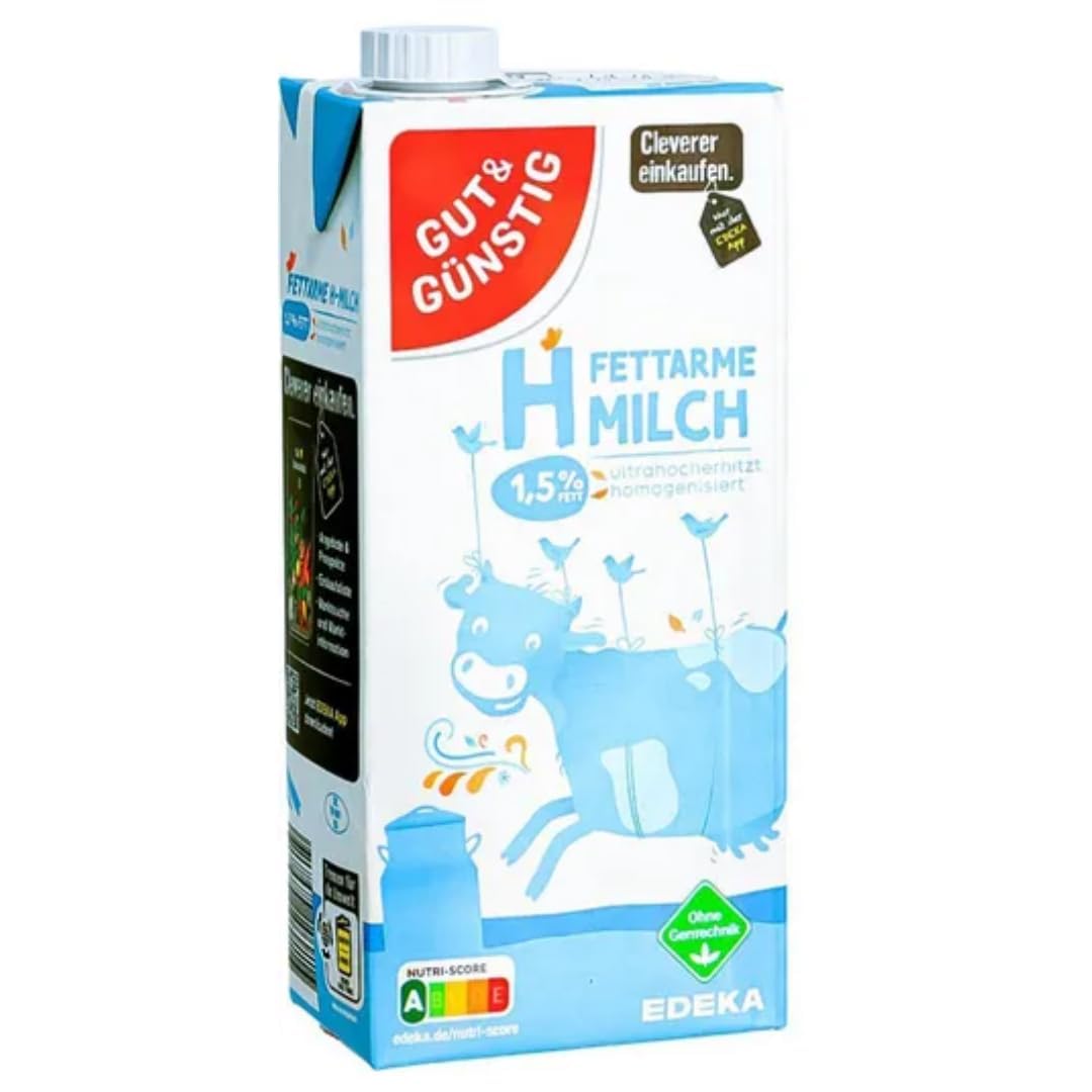 Milch Gut&Günstig fettarme H-Milch 1,5% Fett Haltbare Milch, je 1 Liter, 60 Stück mit Pufai Grocery