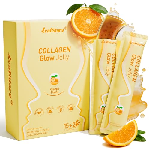 LeafStory Collagen Glow Jelly- Orange Flavor Support Skin Hair & Nails Health Balanced Energy Vitality Supplement with Chia Seeds & NAD -17 Sticks