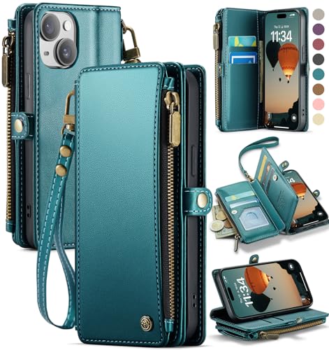 Defencase Compatible with iPhone 14 Case Wallet with RFID Blocking Card Holder for Women Men, Fashion PU Leather Magnetic Snap Flip Zipper Strap Wallet Phone Case Fit for iPhone 14 6.1", Blue Green by Defencase - Used condition - US$19.05