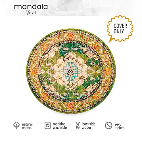 Mandala Life Art Bohemian Yoga Decor Floor Cushion Cover - 24X8 Inches - Round Green Pillow Case - Printed Cotton Accent Pouf Pouffe #TOP1
