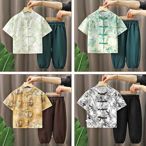 Kids Boys Chinese Tang Pants Outfits Short Sleeve Buckle Shirts Solid Color Pants Toddler Boys Stylish Clothes Set2
