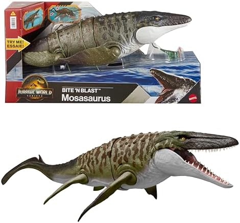 Mattel Jurassic World Bite N Blast Mosasaurus und Mini-Dinosaurier | Weitmaul-Dinosaurierspielzeug, filmgetreu und beweglich, inkl. Mini-Dilophosaurus, digitales Spiel per App-Code