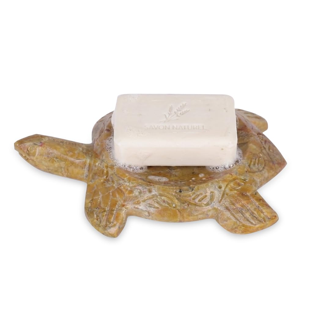 Divit Shilp Handmade Soapstone Dish | Decorative Carved Soap Holder | Natural Stone Bathroom Accessory | Rustic Shaped Soap Tray for Sink, Shower & Bathtub (Turtle)