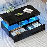 LIVLUX Table Basse Moderne 104x53x46 cm, Table Basse Blanc laqué avec LED, dotée d'un Espace de Rangement Ouvert et 2 tiroirs, idéale pour Le Salon, Le Bureau, la Chambre. (Noir, 104 X 53 X 46 cm)