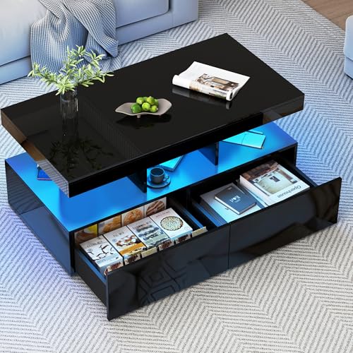 LIVLUX Table Basse Moderne 104x53x46 cm, Table Basse Blanc laqué avec LED, dotée d'un Espace de Rangement Ouvert et 2 tiroirs, idéale pour Le Salon, Le...