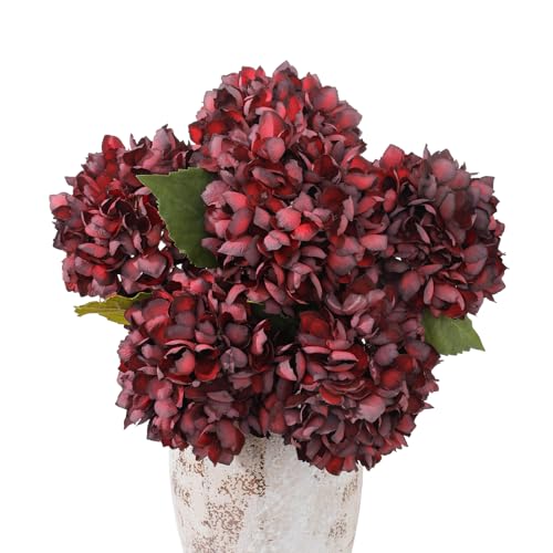Wenhuidr 6PCS 21 Inch Lifelike Artificial Silk Hydrangea Flowers Large Fake Hydrangea Flowers Bouquet with Stems Full Faux Hydrangea for Home Decor Wedding Table Party Office Decor(Burgundy)