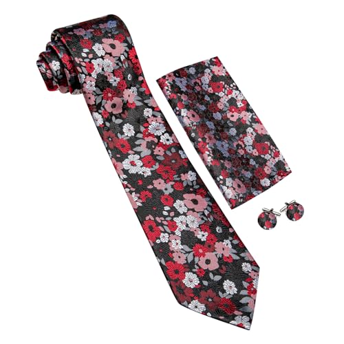 Image of Barry.Wang Flower Ties for Men Handkerchief Cufflinks Set Wedding Necktie Set Party