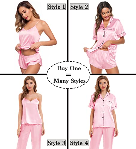 Image of SWOMOG Womens Silk Satin Pajamas Sets 4pcs Sleepwear Sexy Cami Shorts Set and Button Down Short Sleeve Pjs Loungewear Rose Pink X-Small