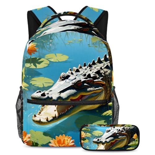 Sac à dos multicolore crocodile et fleur 40cm avec trousse compacte