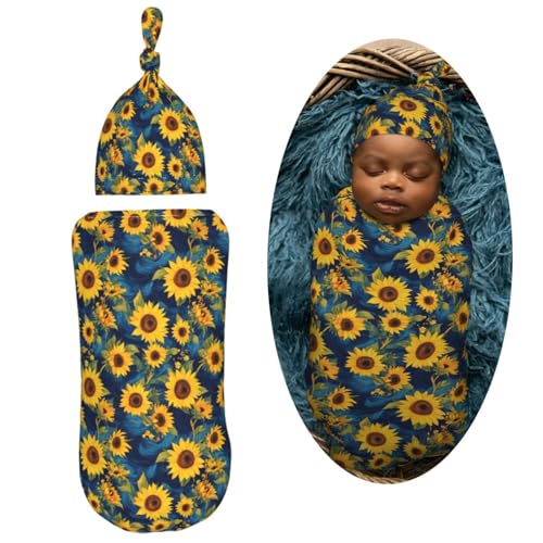 Image of Yellow and Blue Sunflower Newborn Swaddle Blankets Hat Sets Soft Baby Receiving Blanket Swaddle Sack for Baby Shower Infant Boy Girl Gift