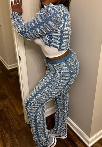 Vaceky Distressed Ripped Jeans Women Elastic Waist Straight Leg Denim Pants3