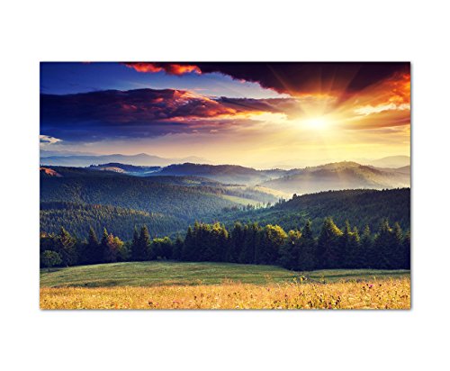 120x80cm - Fotodruck auf Leinwand und Rahmen Landschaft Berge Wald Sonnenuntergang - Leinwandbild auf Keilrahmen modern stilvoll - Bilder und