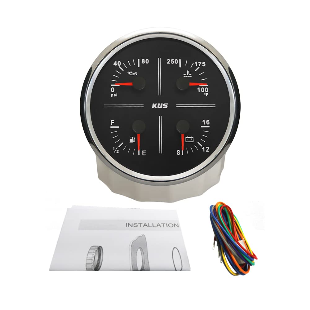KUS 110 mm 4 in 1 Multifunktionsmessgerät Öldruck Kraftstoffstand Wassertemperatur Voltmeter 12 V mit Hintergrundbeleuchtung wasserdicht für LKW SUV (schwarz+edelstahl)
