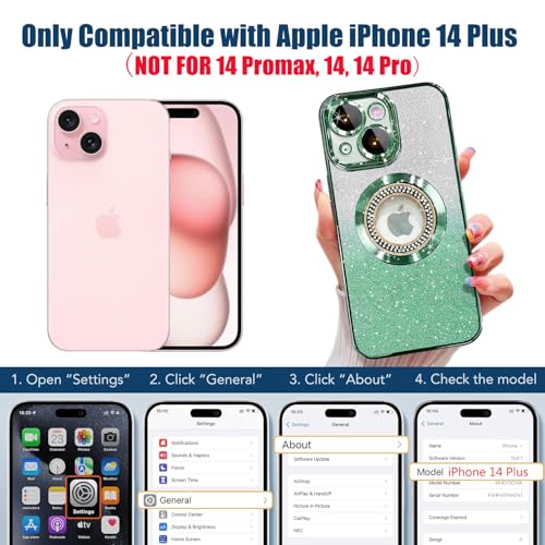 Image of Misscase for iPhone 14 Plus Magnetic Case Compatible with MagSafe,Full Protection Slim Shockproof Anti-Scratch Glitter Case with Camera Lens Protector Logo View Dust-Proof Net for Women Green