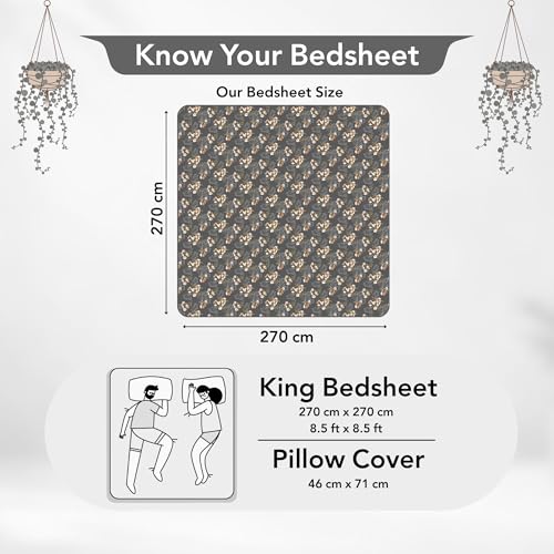 Image of Divine Casa 144 TC Cotton King Size Bedsheet with 2 Pillow Covers | Soft Comfortable Bedsheet for King Size Bed | Breathable Printed Bedding Set | 270 x 270 cm (Graphite Shade, Floral)