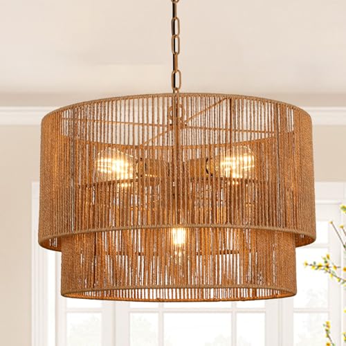 Boho Large Rattan Chandelier Light Fixture, 22 Hand Woven Rustic Boho Chandelier 5-Light Farmhouse Chandelier Hanging Light for Dining Room, Kitchen Island, Living Room, Foyer, Bedroom