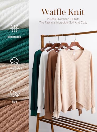 Dokotoo Womens Waffle Knit Tops Fashion 2025 Long Lantern Sleeve Casual Blouses V Neck Oversized T Shirts2
