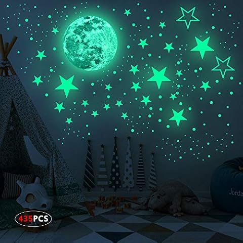 Realistic 3D Glow in The Dark Stickers, 435pcs Luminous Dots Stars and Moon DIY Wall Stickers for Ceiling Or Walls, Glow Brighter and Longer Perfect for Kids Bedroom Living Room Decoration Cover