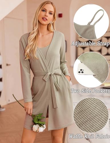 Image of Ekouaer Pajamas for Women Set 3 Piece Lounge Set Soft Pajama Sets Waffle Knit Tank Top and Shorts Cardigan with Pockets S-XXL