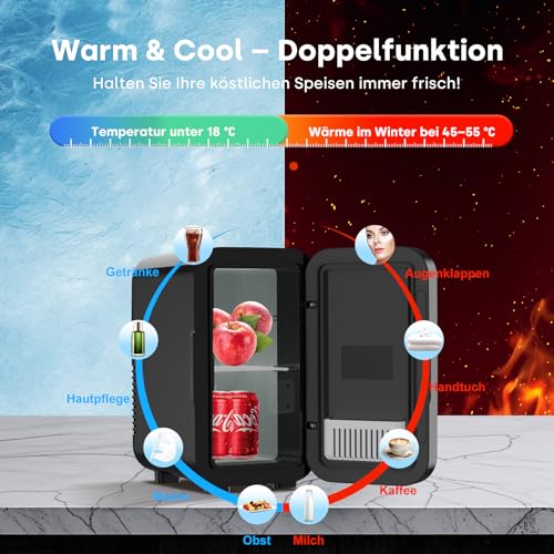Enventor Mini Kühlschrank, 6 Liter/8 Dosen, AC+12V DC-Stromversorgung, Tragbarer Kühler und Wärmer, Kleiner Kühlschrank für Schlafzimmer, Auto, Hautpflege, Obst und Getränke, Schwarz