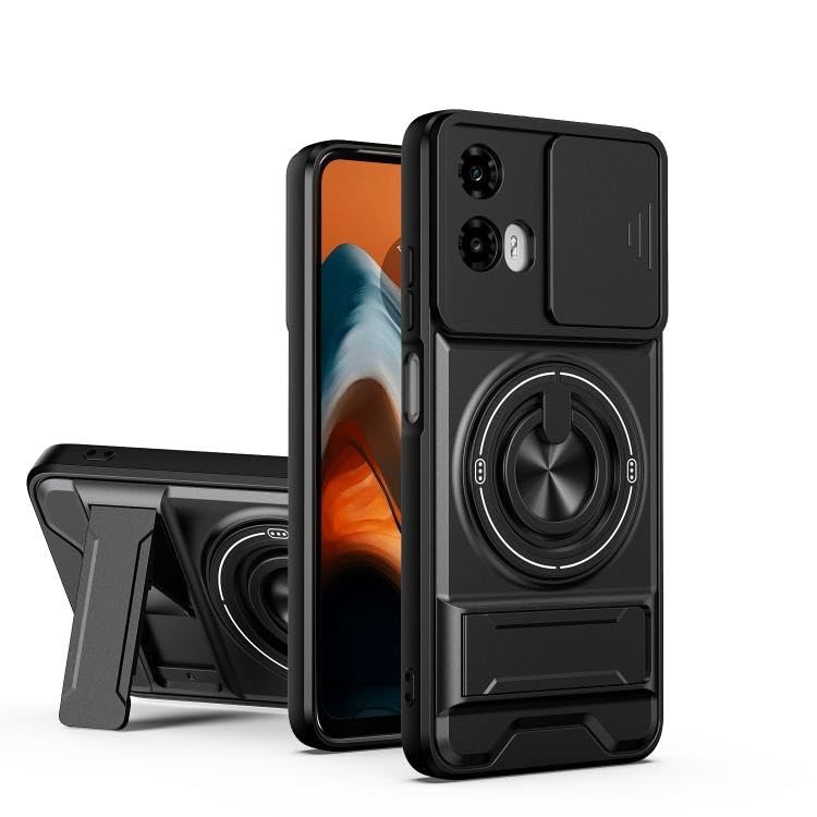 Image of Back Cover for Motorola Moto G85 5G | Armor Camera Slider 360 Degree Rotating Finger Ring Holder Case with Bracket Stand Back Case Cover | (Black)