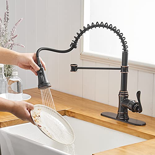 Bwe Kitchen Sink Faucet With Deck Plate Single Handle Lever With Pull Down Sprayer Spring 3 Function Kitchen Faucet High Arc Lead-Free Farmhouse Commercial Bar Kitchen Faucets Oil Rubbed Bronze #TOP7